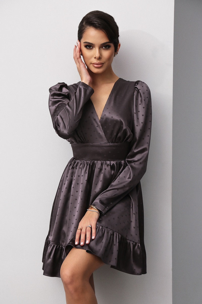 Viclans Satin Mini Brown Dress with Ruffle Back 