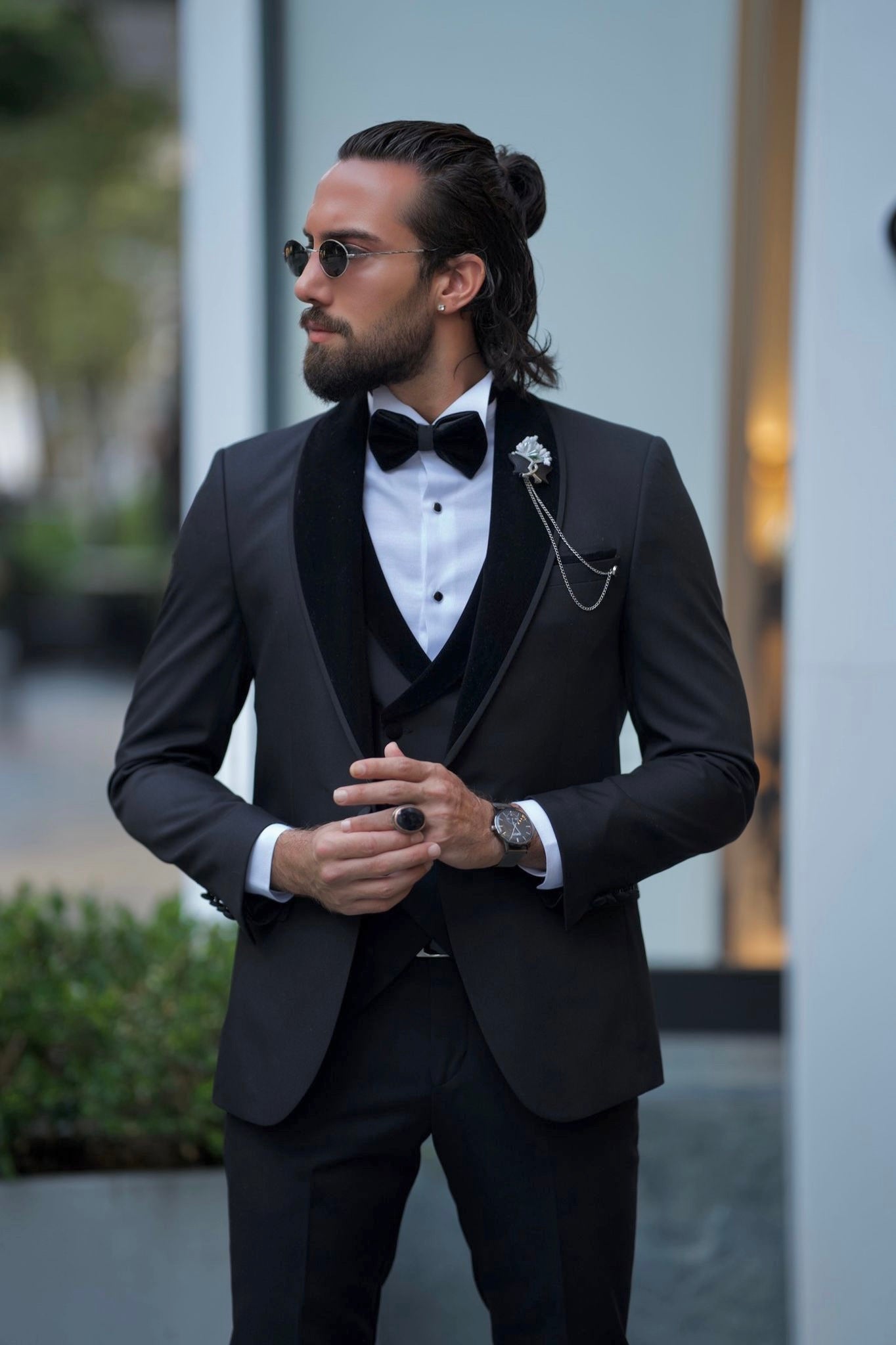 Bojoni Amato Slim Fit Mono Collared Black Tuxedo