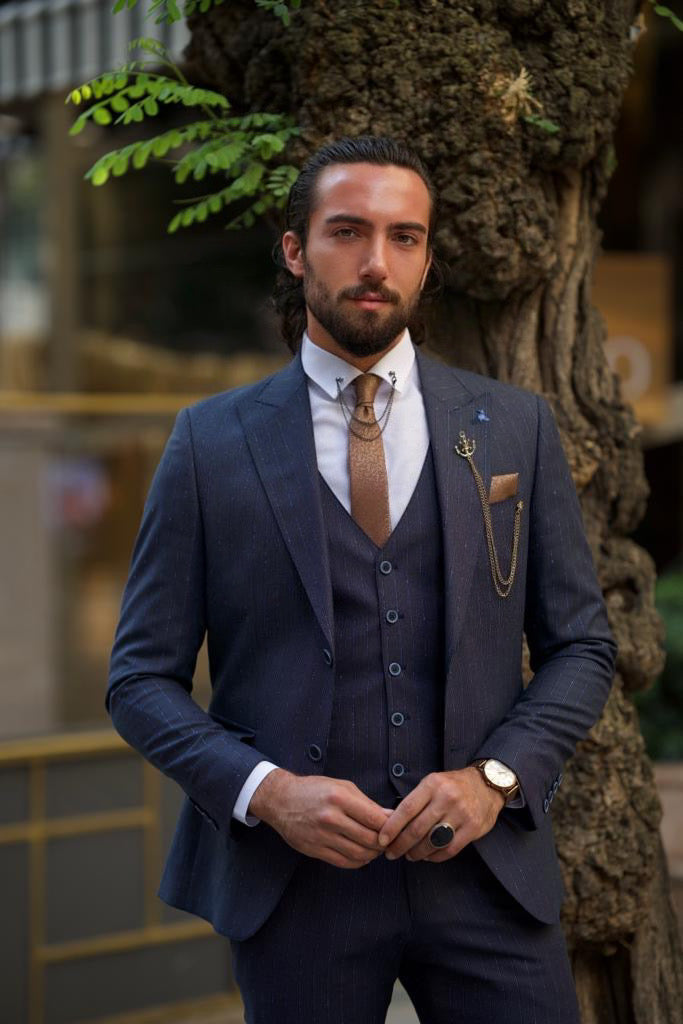 Bojoni Amato Slim Fit Striped Dark Blue Suit Bojoni Amato Slim Fit Striped Dark Blue Suit