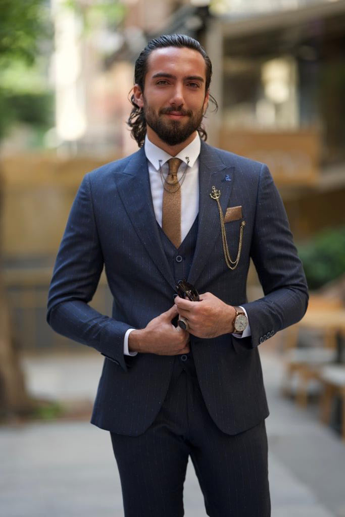 Bojoni Amato Slim Fit Striped Dark Blue Suit