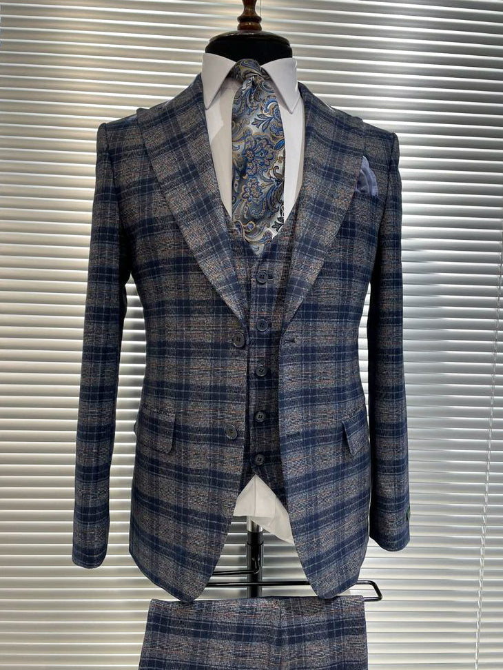 Bojoni Grey Navy Plaid Slim-Fit Suit 3-Piece 