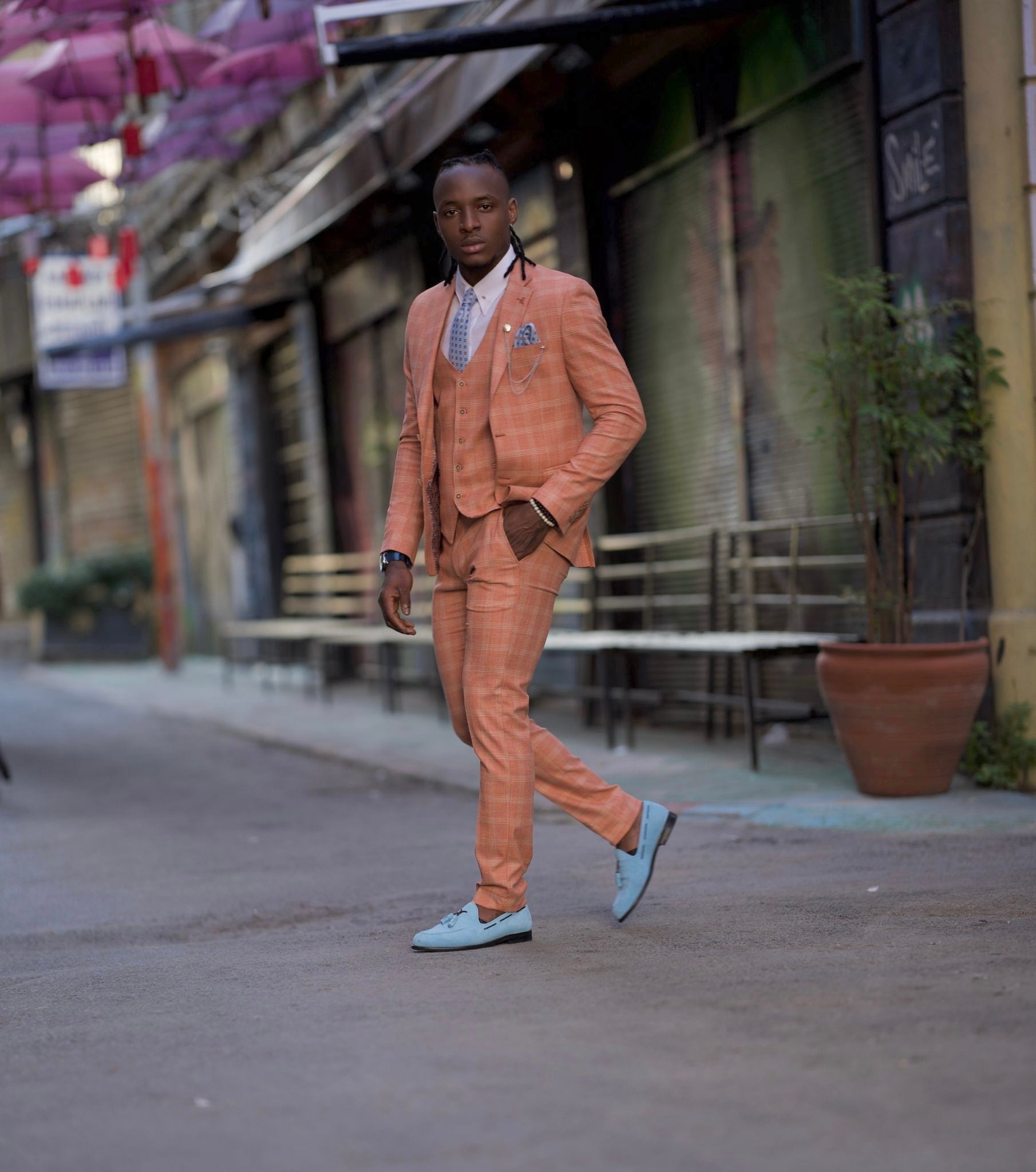 Bojoni Uluwatu Plaid Slim Fit Striped Salmon Slim Fit Suit