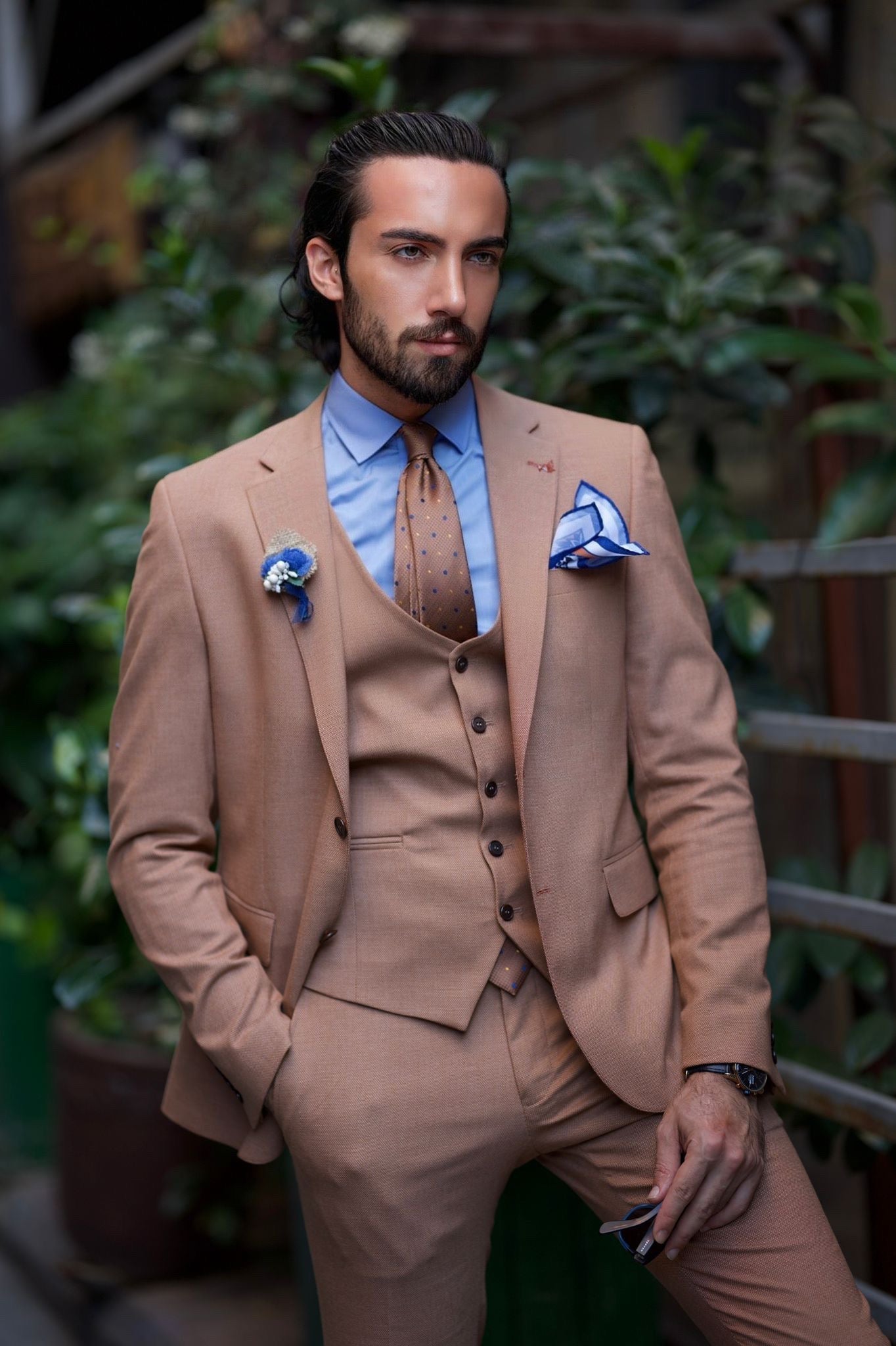 Bojoni Uluwatu Slim Fit Brown Plaid Suit