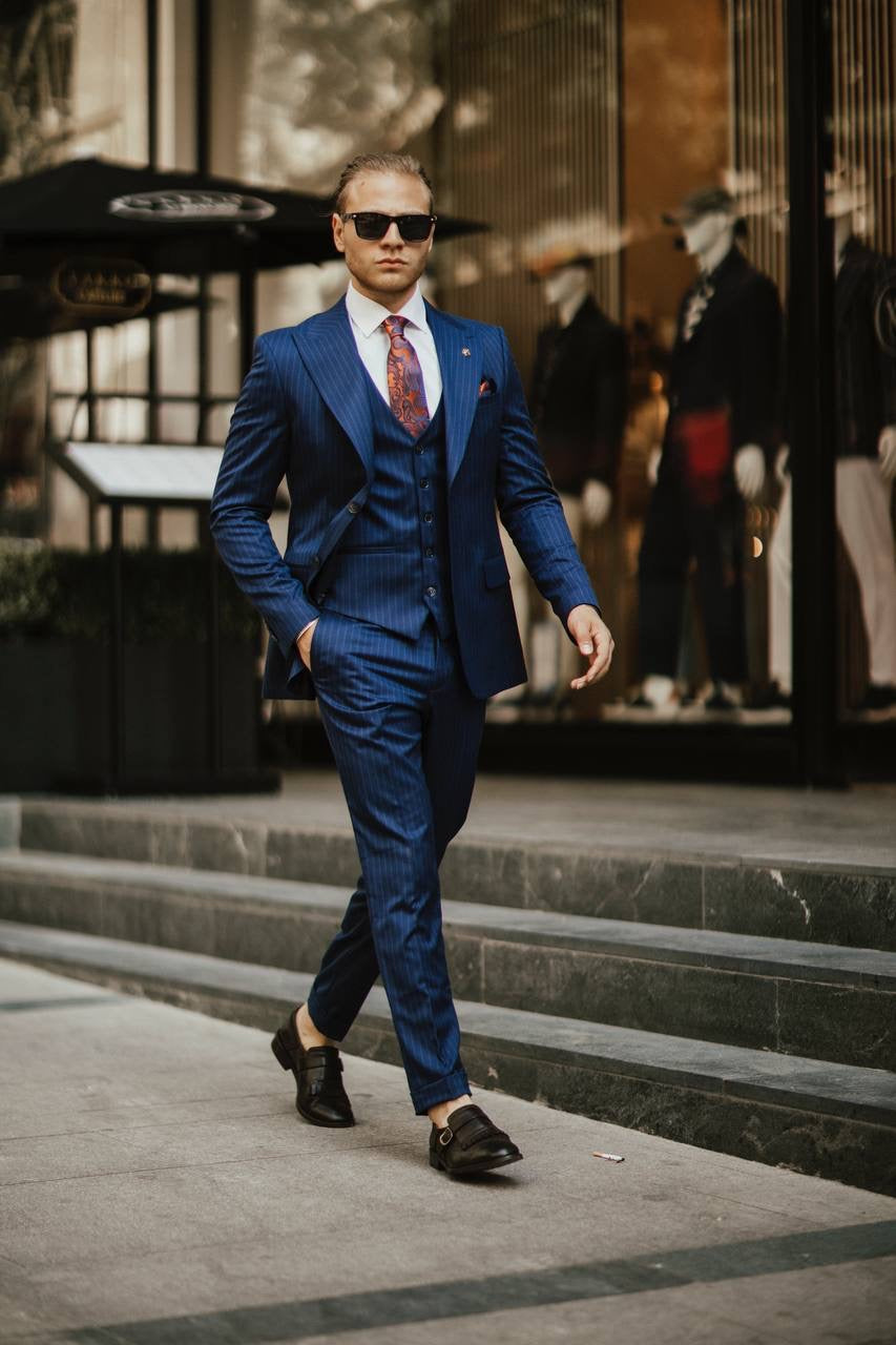 Bojoni Cagliari Navy Striped Slim-Fit Suit 3-Piece