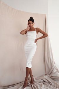 Side Lace Satin Midi Dress White 