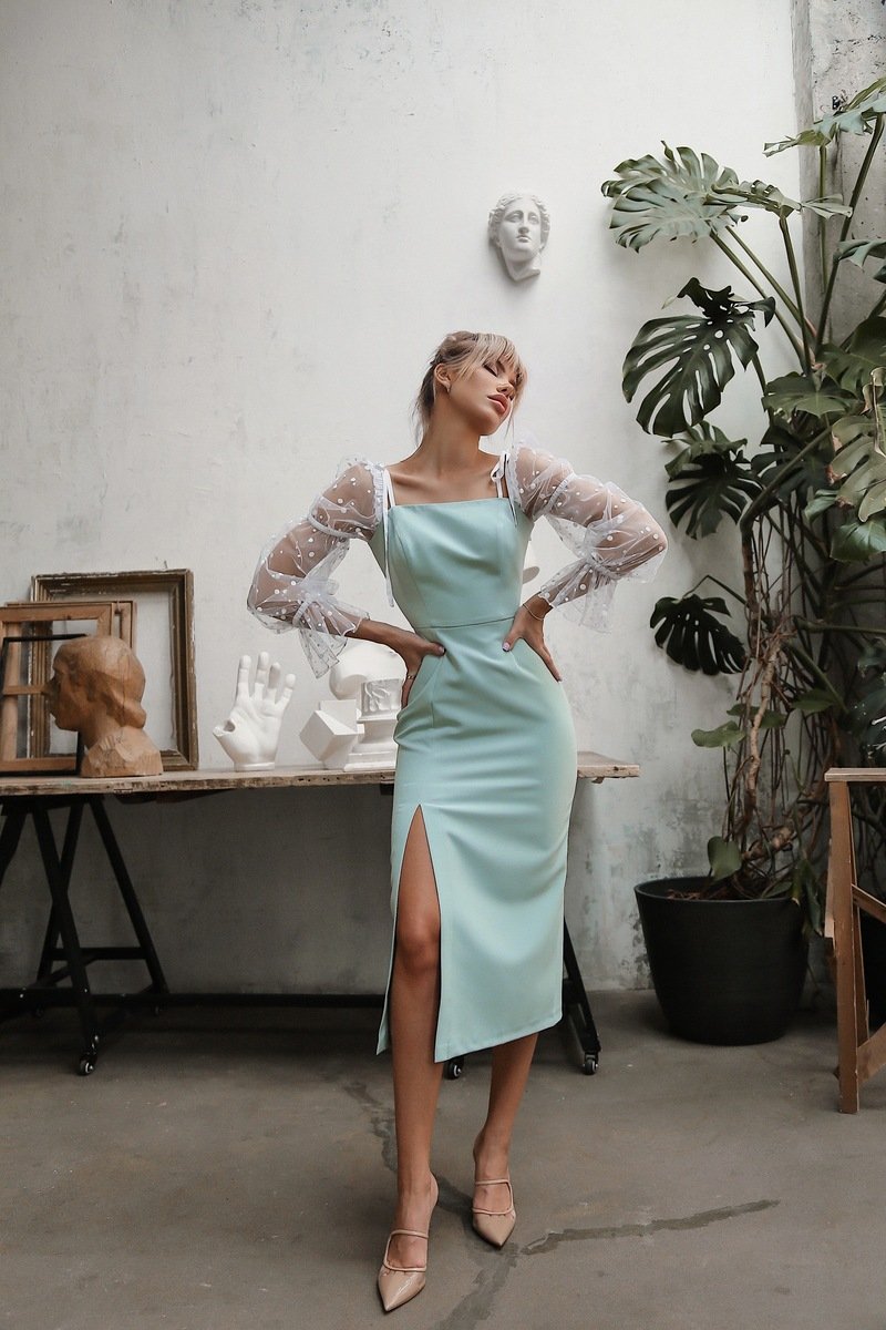 Bodycon Dress with Slit and Mesh Sleeves Mint 