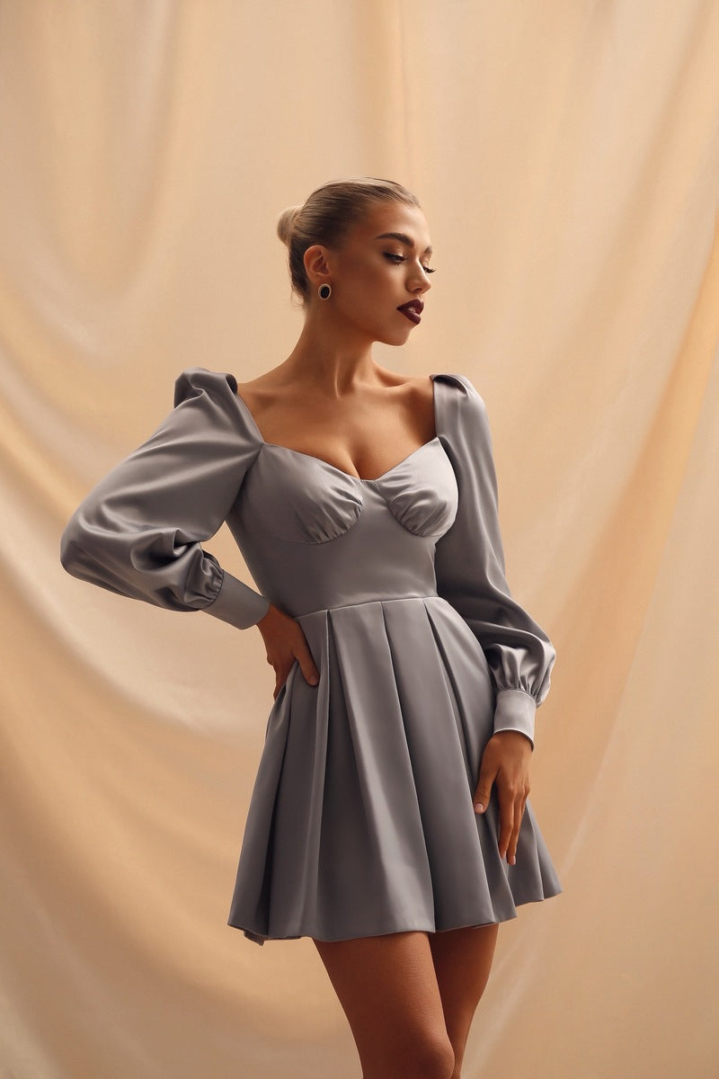 Viclans Satin Gray Dress with Corset Effect and Pleated Skirt 