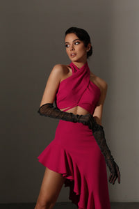 Viclans Asymmetric Ruffle Midi Pink Dress with Drawstring Waist 
