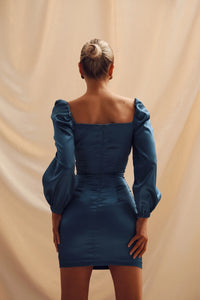 Viclans Draped Satin Mini Blue Dress with Lace-up Waist 