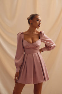 Viclans Satin Pink Dress with Corset Effect and Pleated Skirt 