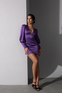Viclans Balloon Sleeve Satin Mini Purple Dress 