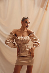 Viclans Draped Satin Mini Gold Dress with Lace-up Waist 