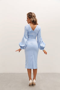 Viclans Satin Midi Blue Dress with Puffy Sleeves 