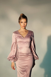 Viclans Satin Midi Pink Dress with Puffy Sleeves 