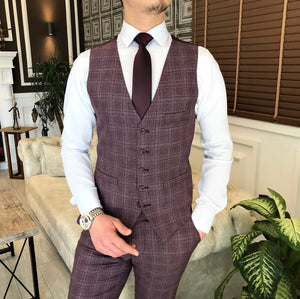 Bojoni Claret Red Plaid Single Breasted Suit 3-Piece 