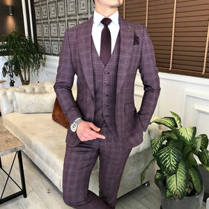 Bojoni Claret Red Plaid Single Breasted Suit 3-Piece 