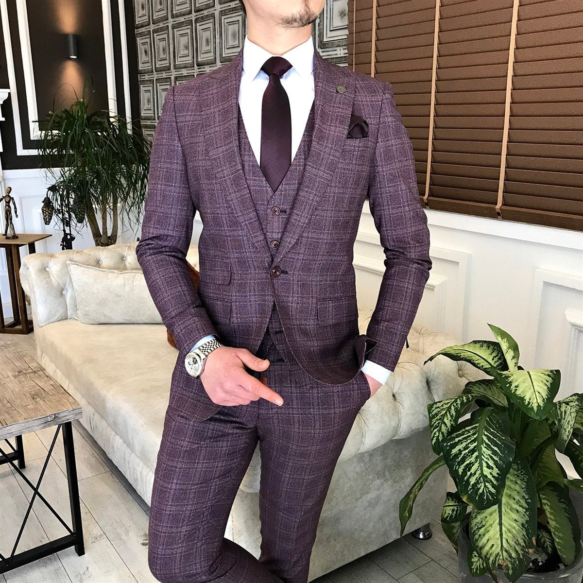 Bojoni Claret Red Plaid Single Breasted Suit 3-Piece 