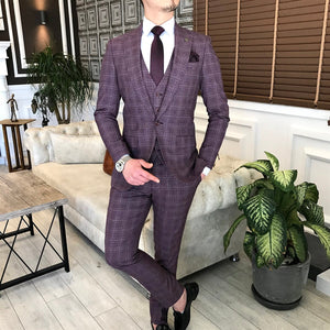 Bojoni Claret Red Plaid Single Breasted Suit 3-Piece 