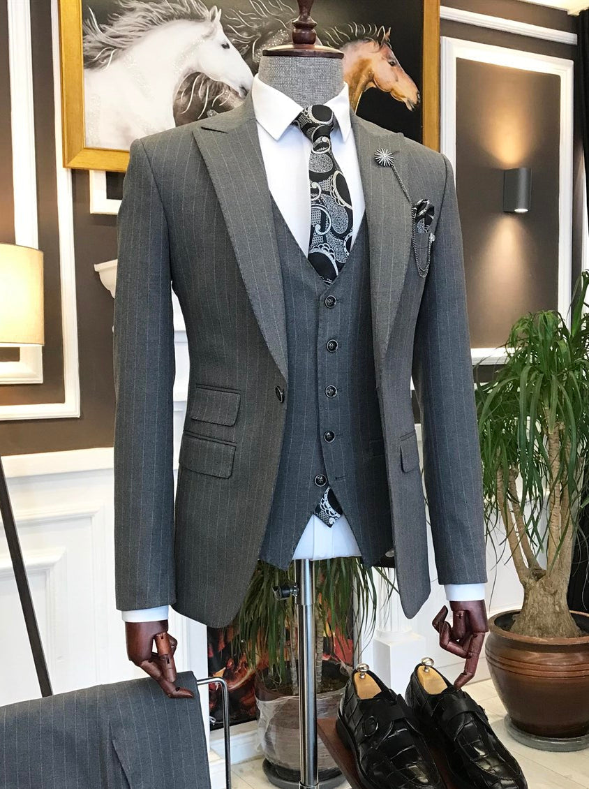 Bojoni Grey Striped Slim-Fit Suit 3-Piece 