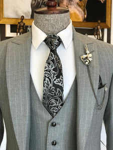 Bojoni Grey Striped Slim-Fit Suit 3-Piece 