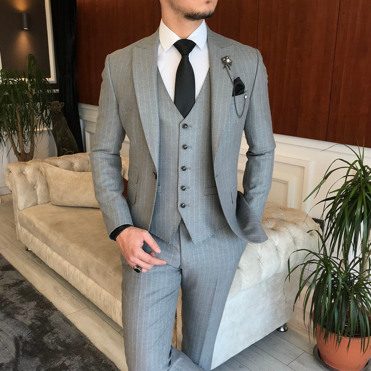 Bojoni Grey Striped Slim-Fit Suit 3-Piece 