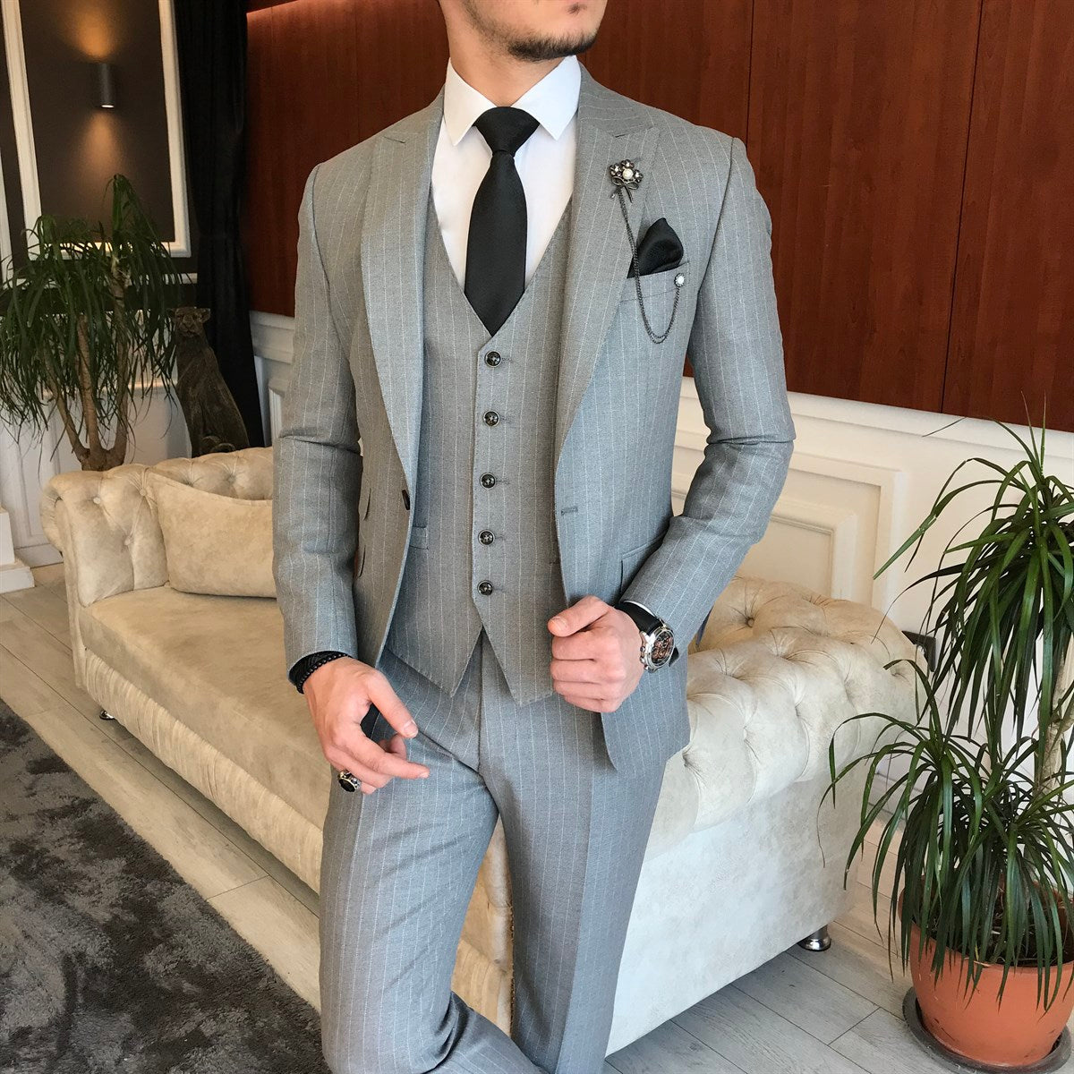 Bojoni Grey Striped Slim-Fit Suit 3-Piece 