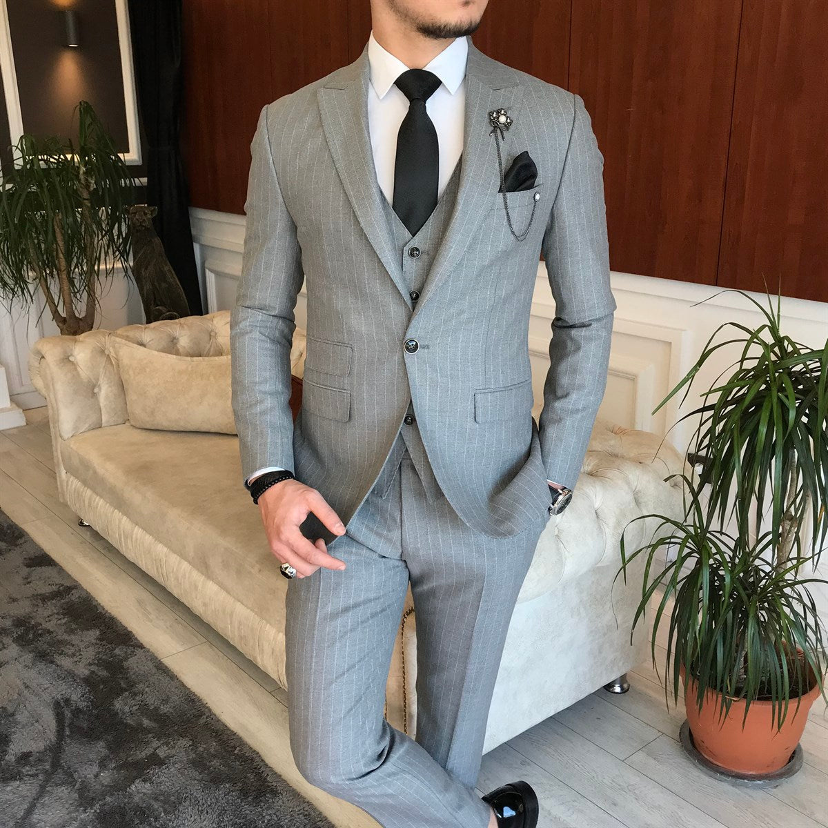 Bojoni Grey Striped Slim-Fit Suit 3-Piece 