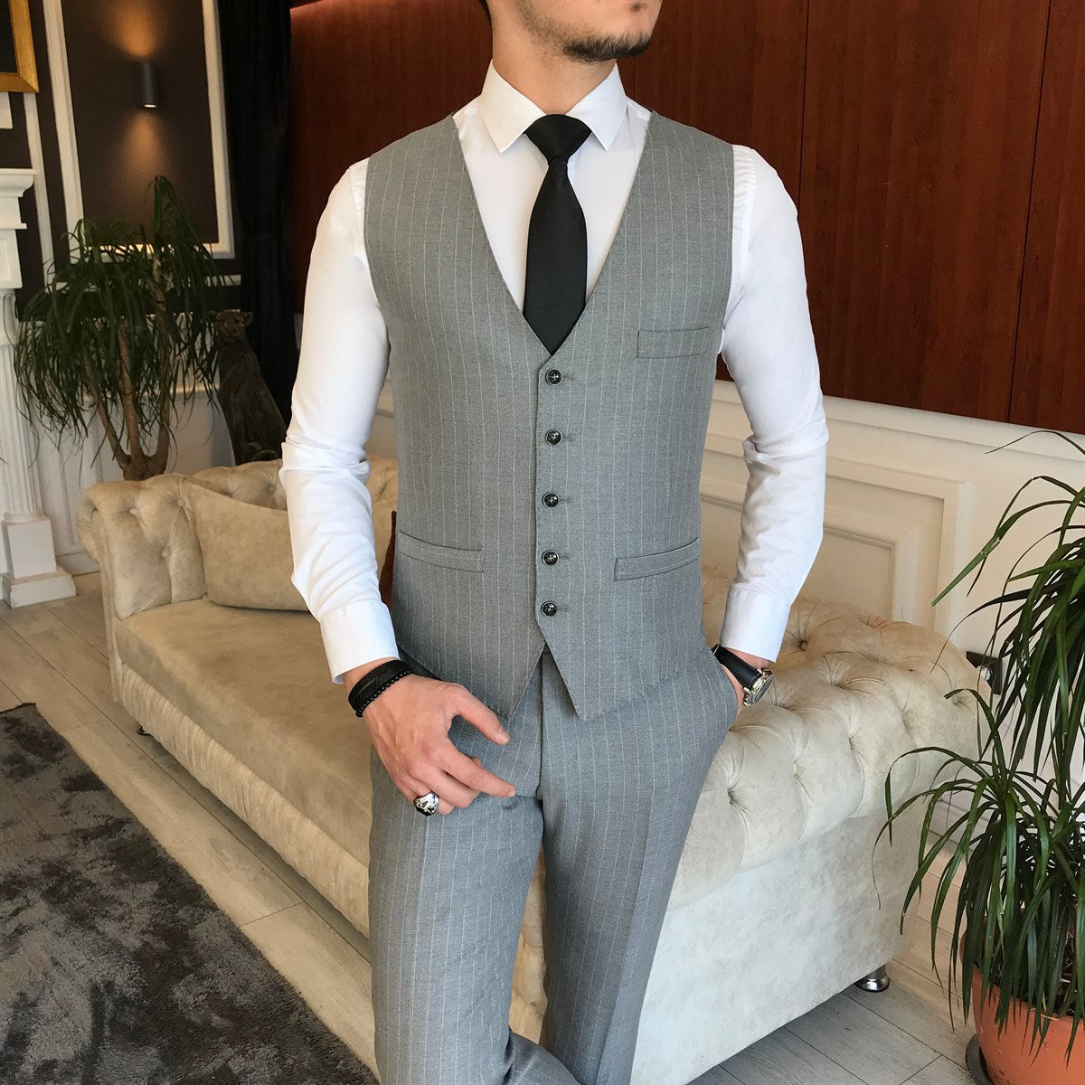 Bojoni Grey Striped Slim-Fit Suit 3-Piece 