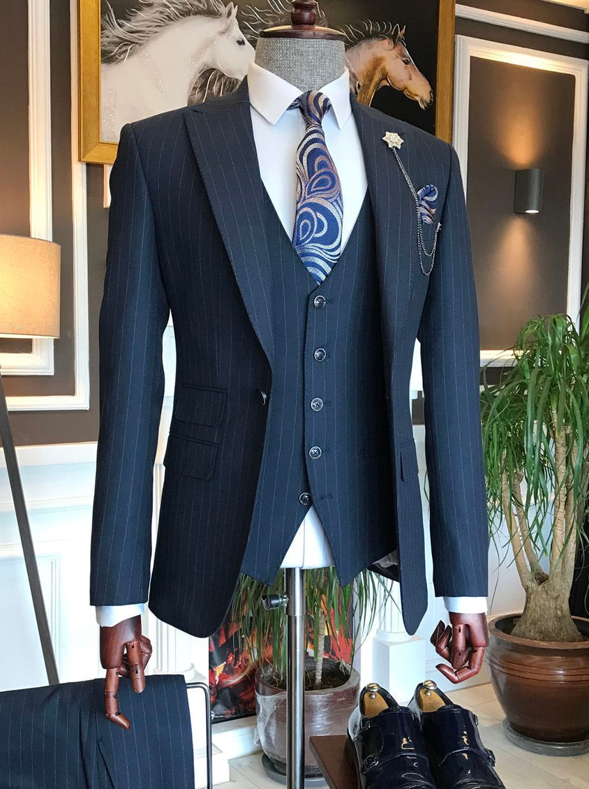 Bojoni Navy Striped Slim-Fit Suit 3-Piece 