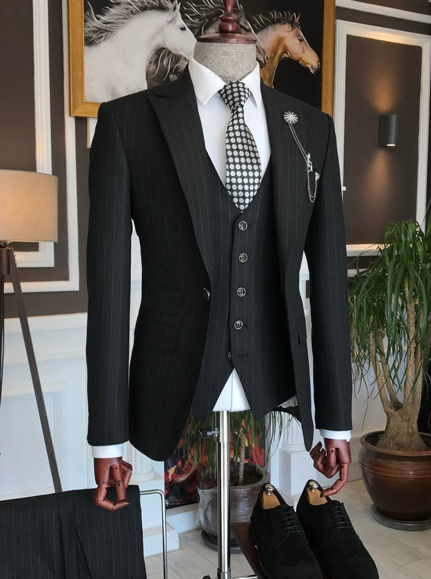 Bojoni Black Striped Slim-Fit Suit 3-Piece 