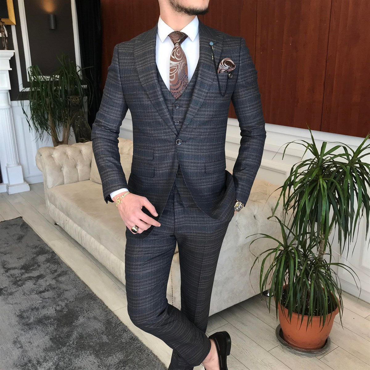 Bojoni Brown Plaid Slim-Fit Suit 3-Piece 