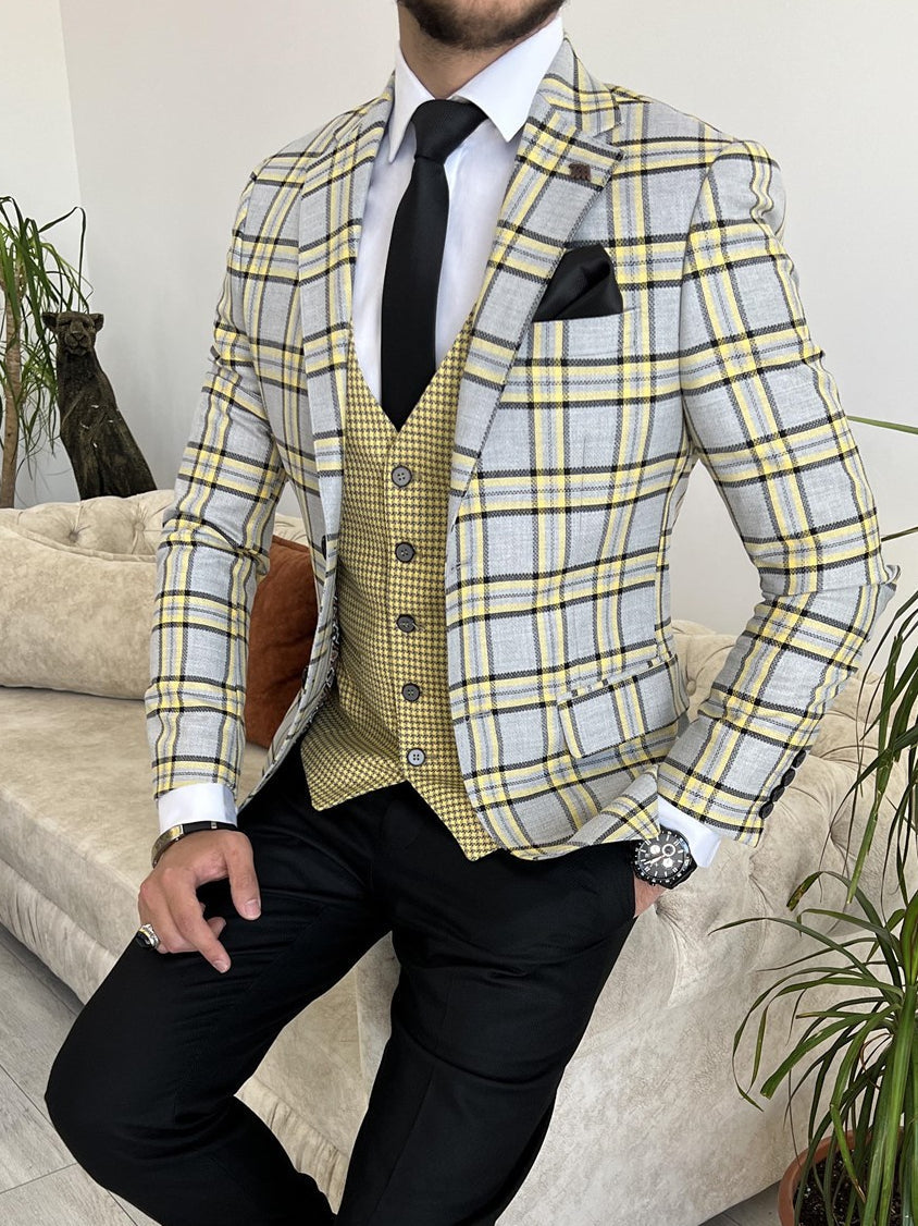 Bojoni Cagliari Grey Plaid Slim-Fit Suit 3-Piece