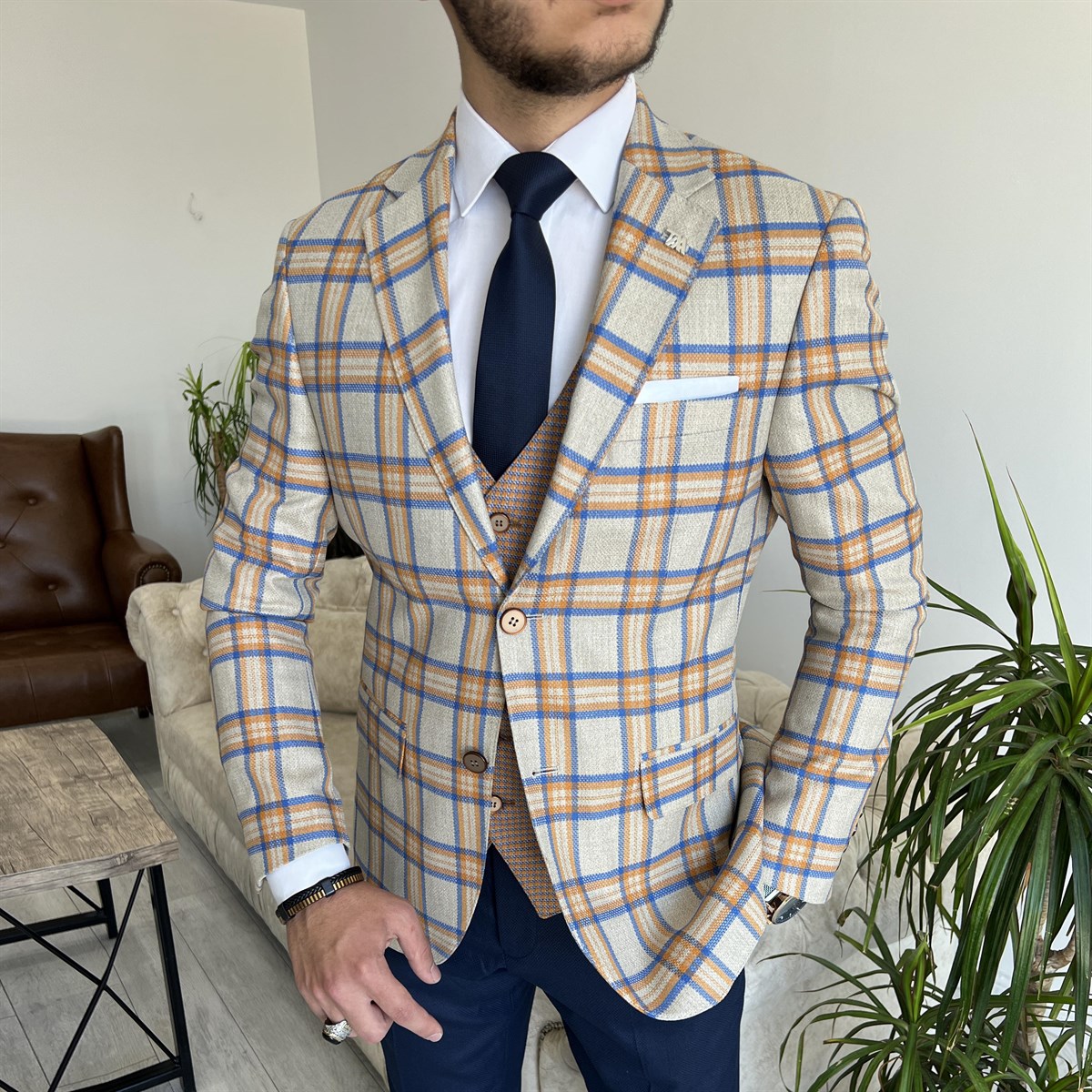 Bojoni Cagliari Orange Plaid Slim-Fit Suit 3-Piece