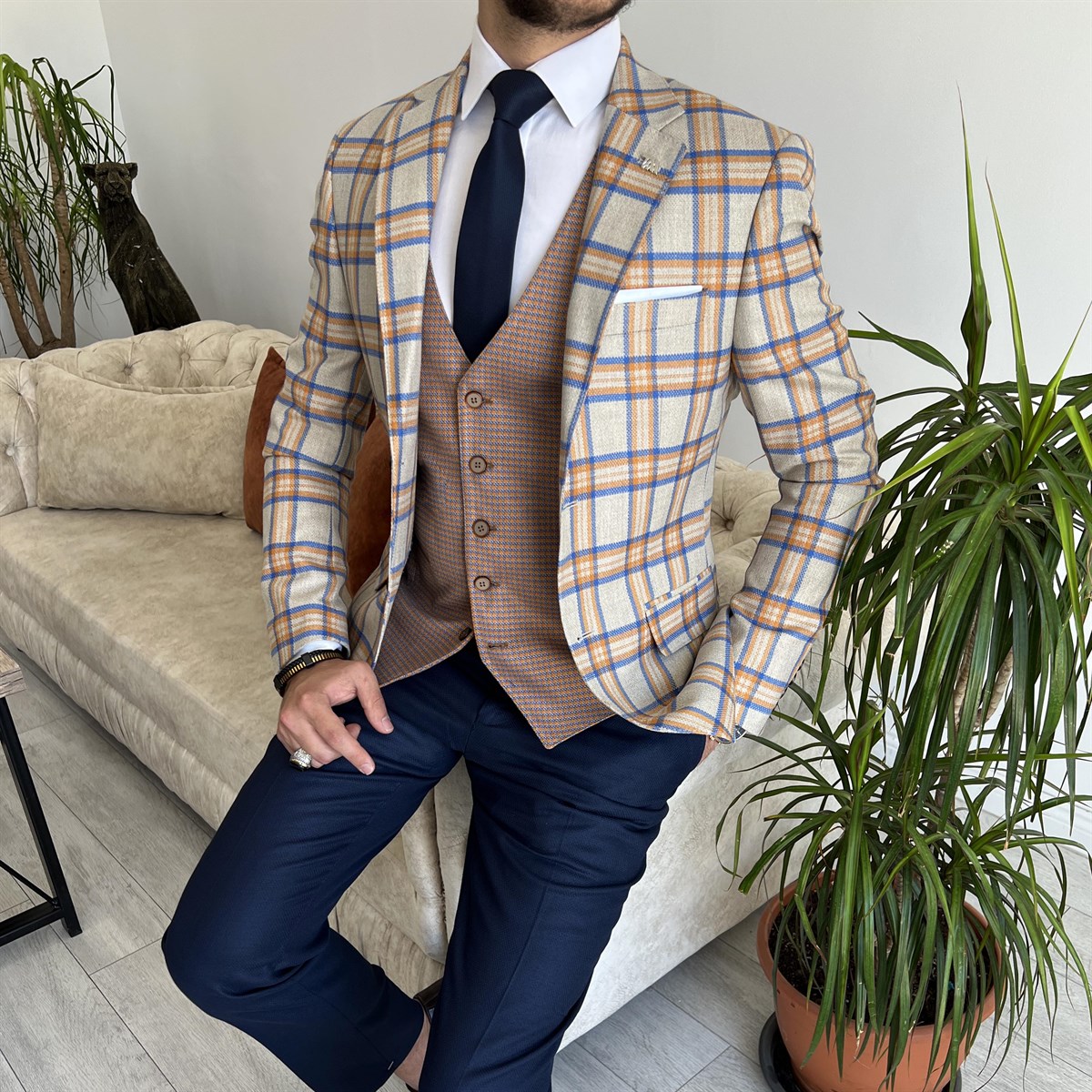 Bojoni Cagliari Orange Plaid Slim-Fit Suit 3-Piece