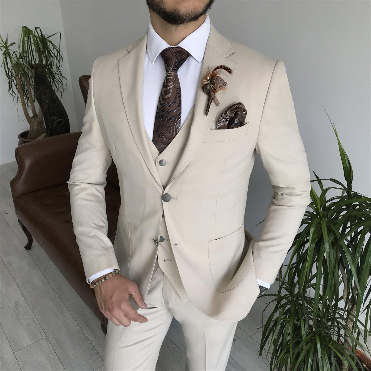 Bojoni Cagliari Beige Slim-Fit Suit 3-Piece