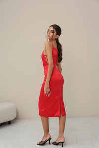 Side Lace Satin Midi Dress Red 