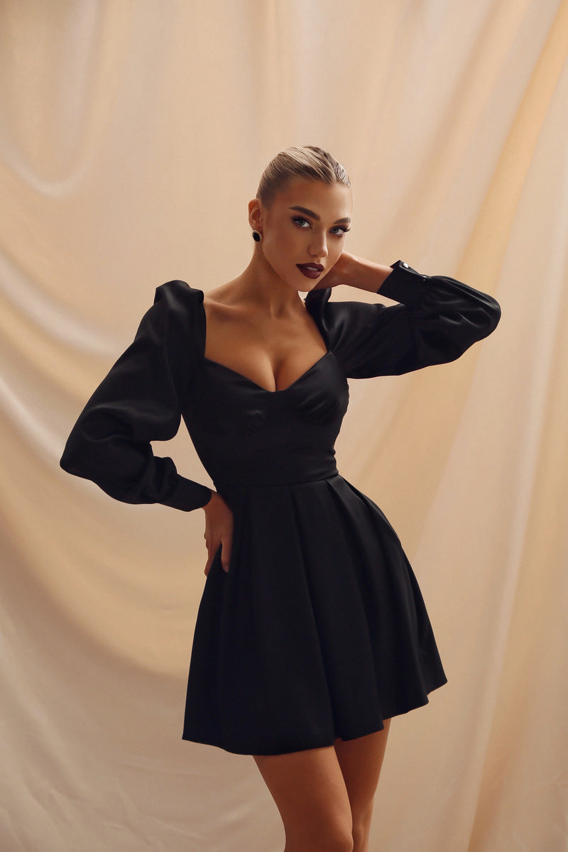Viclans Satin Black Dress with Corset Effect and Pleated Skirt