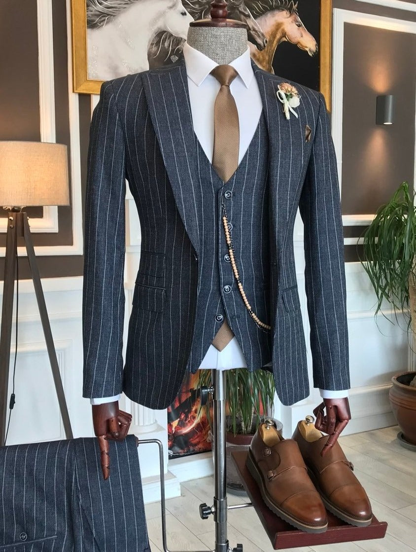 Bojoni Navy Striped Slim-Fit Suit 3-Piece 