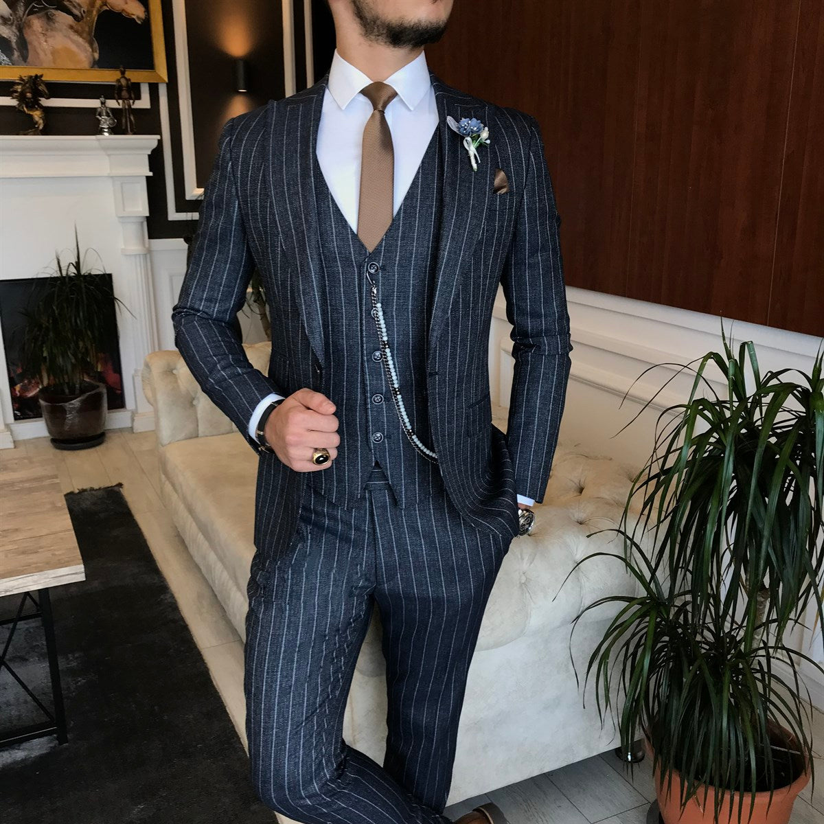 Bojoni Navy Striped Slim-Fit Suit 3-Piece 