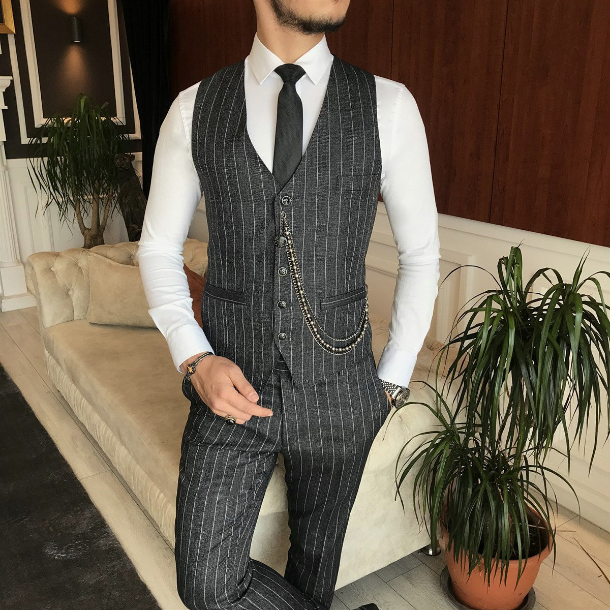 Bojoni Black Striped Slim-Fit Suit 3-Piece 