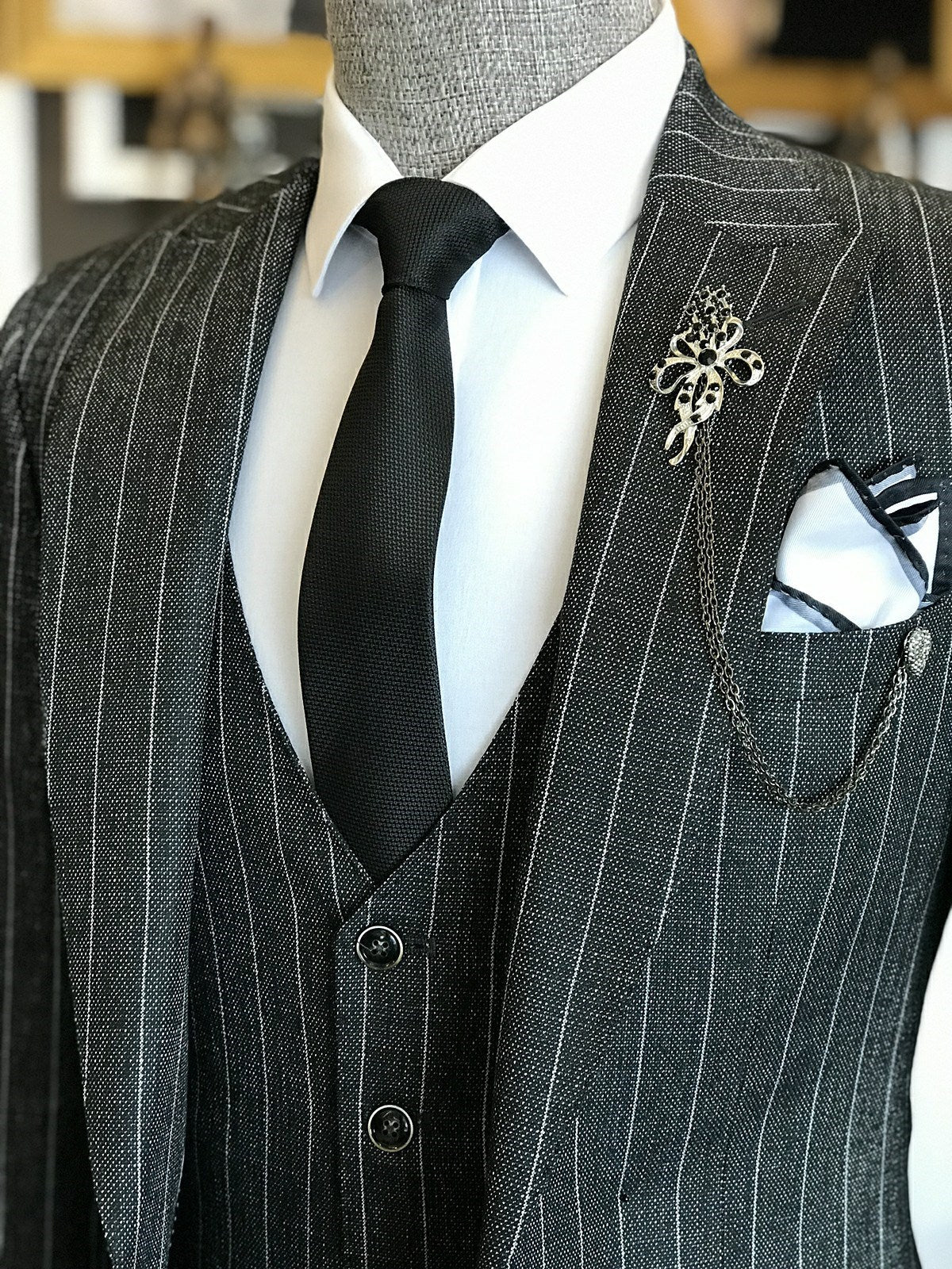 Bojoni Black Striped Slim-Fit Suit 3-Piece 