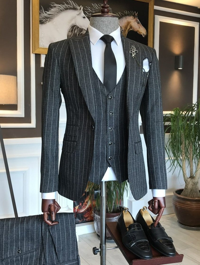 Bojoni Black Striped Slim-Fit Suit 3-Piece 