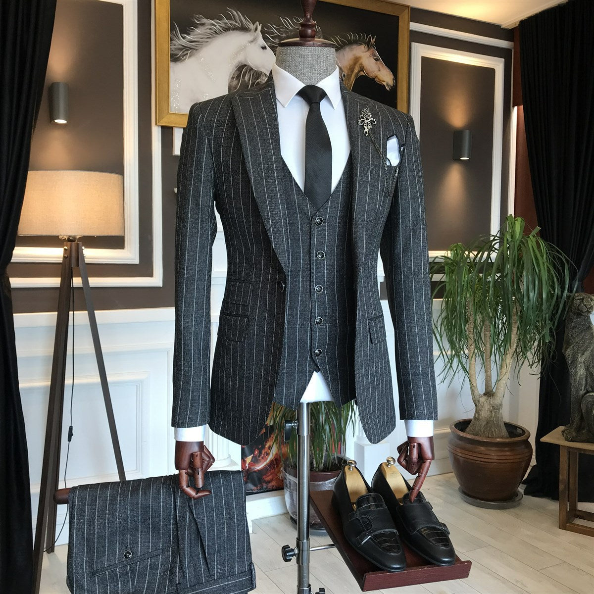 Bojoni Black Striped Slim-Fit Suit 3-Piece 