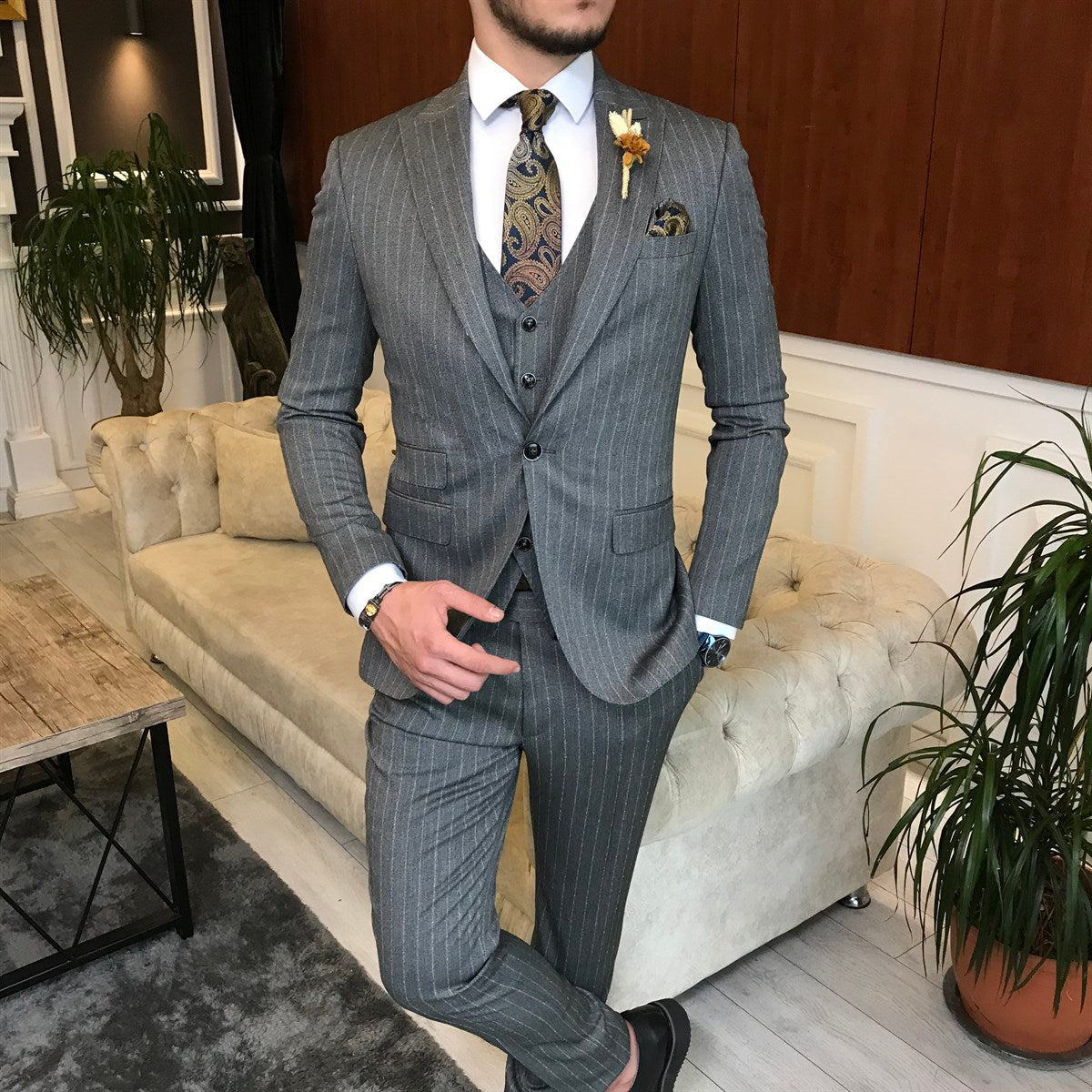 Bojoni Grey Striped Slim-Fit Suit 3-Piece 