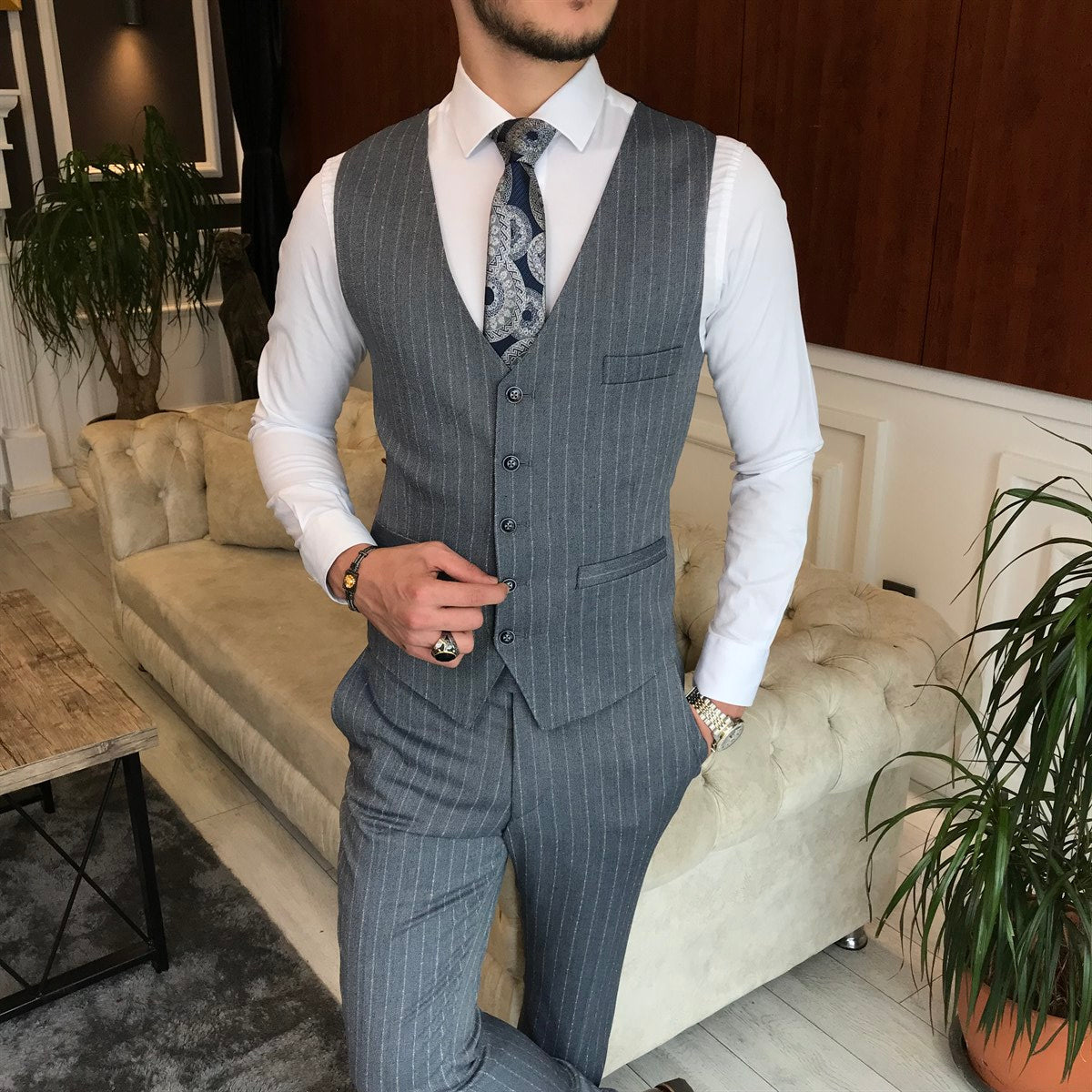 Bojoni Grey Striped Slim-Fit Suit 3-Piece 