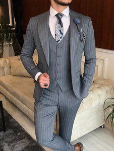 Bojoni Grey Striped Slim-Fit Suit 3-Piece 