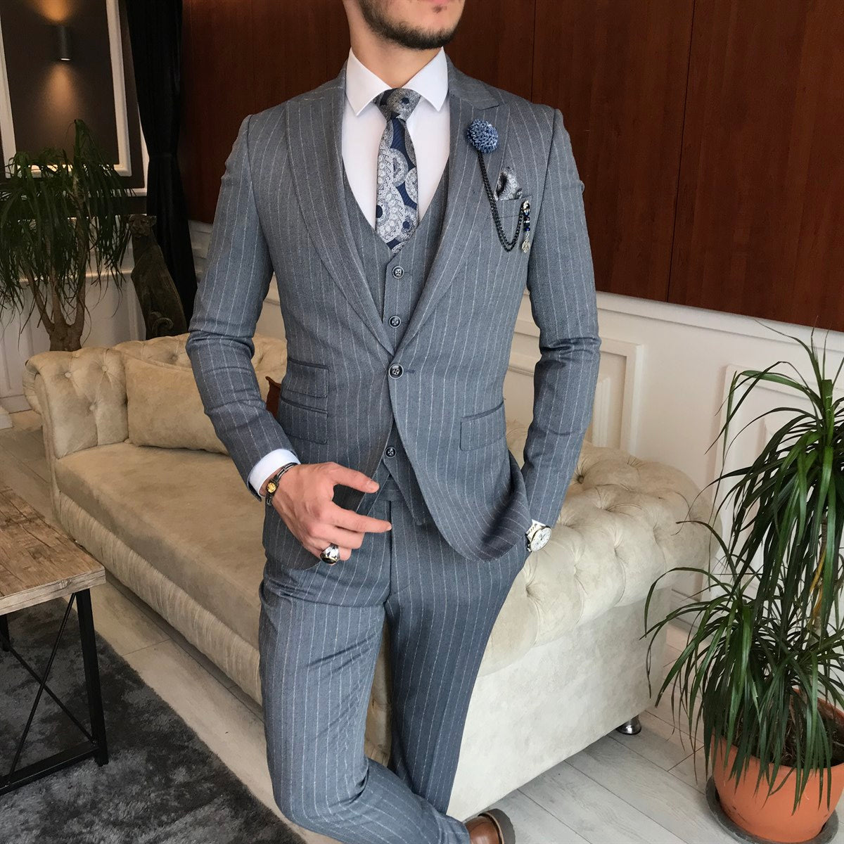 Bojoni Grey Striped Slim-Fit Suit 3-Piece 