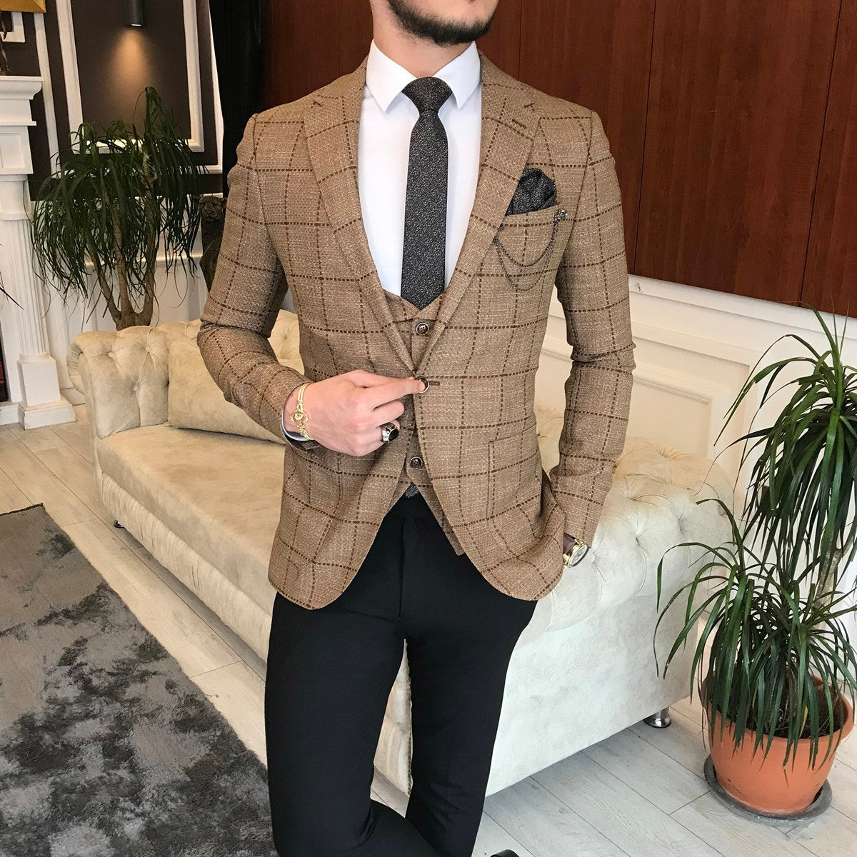 Bojoni Camel Plaid Slim-Fit Suit 3-Piece 