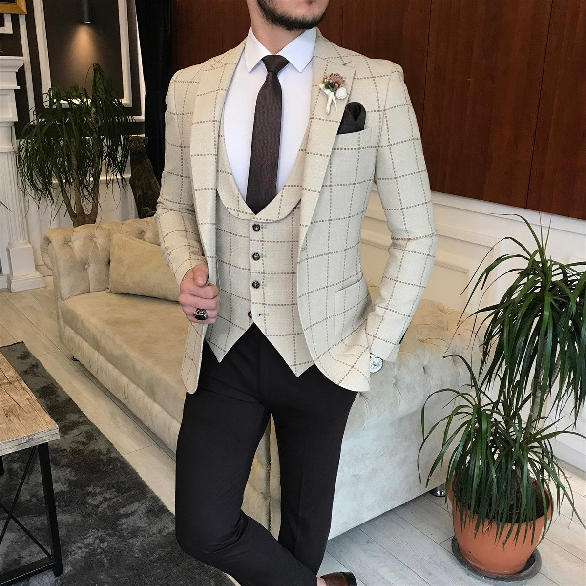 Bojoni Beige Plaid Slim-Fit Suit 3-Piece 