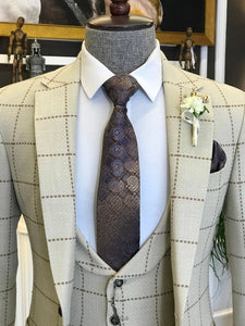 Bojoni Beige Plaid Slim-Fit Suit 3-Piece 